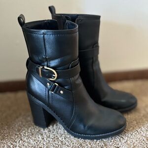 Black Heeled Leather Boots with Gold Buckle